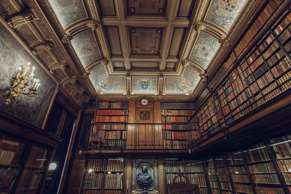 Une bibliothèque ancienne aux rayonnages chargés de livres, sous un plafond à caissons peints